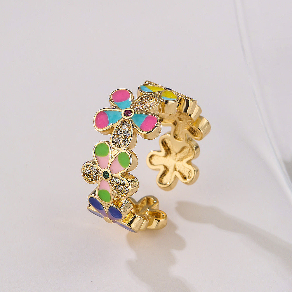 Minimalist Geometric Floral Drip Oil Cubic Zirconia Inlay Gold Plated Brass Ring for Women