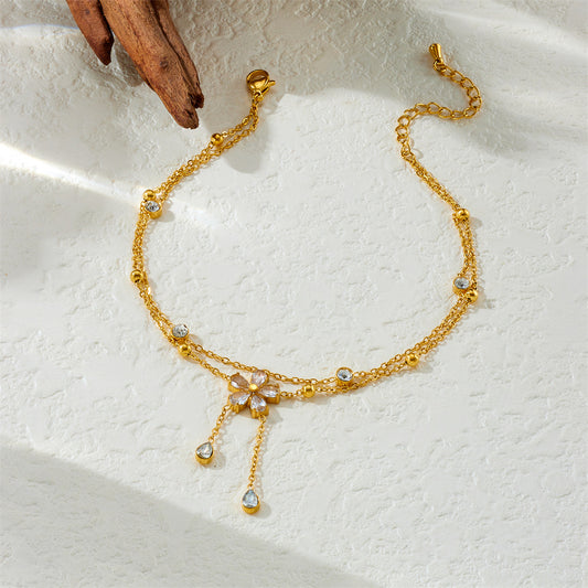 Minimalist Gold Plated Stainless Steel Floral Rhinestone Tassel Double Layer Anklet