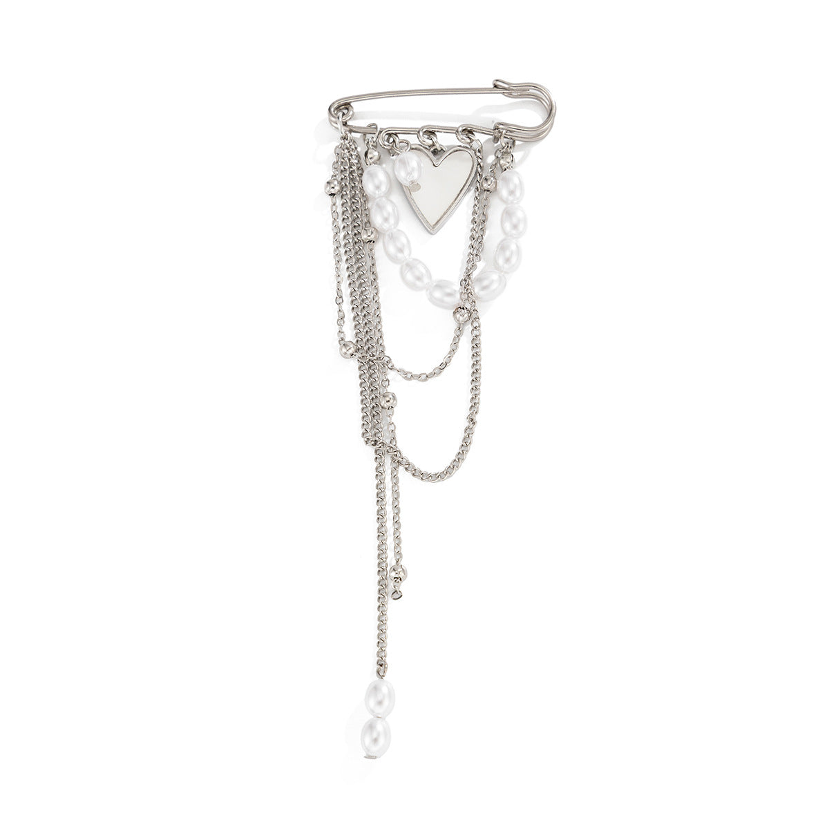 Elegant Imitation Pearl Heart Brooch Pin with Chain for Women