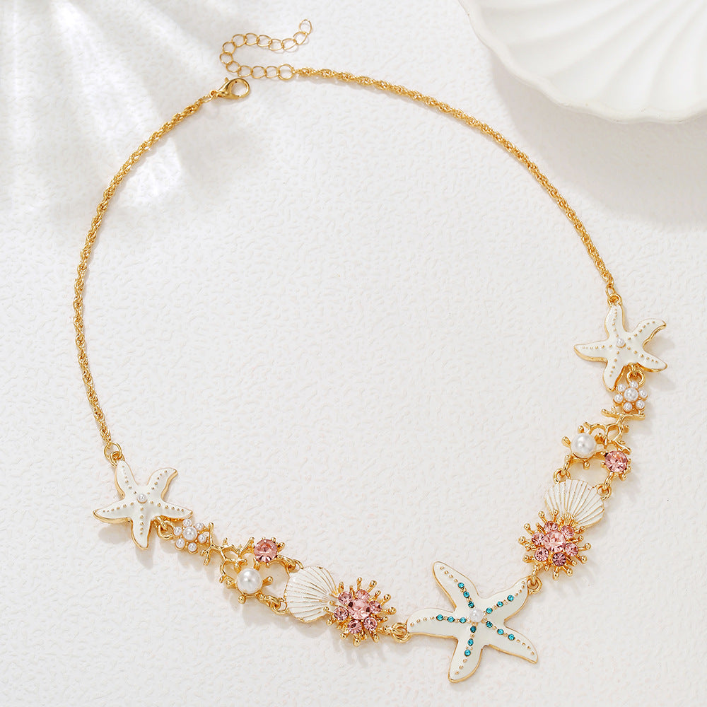 Sweet Colorful Drip Oil Alloy Starfish Shell Pearl Pendant Necklace for Women