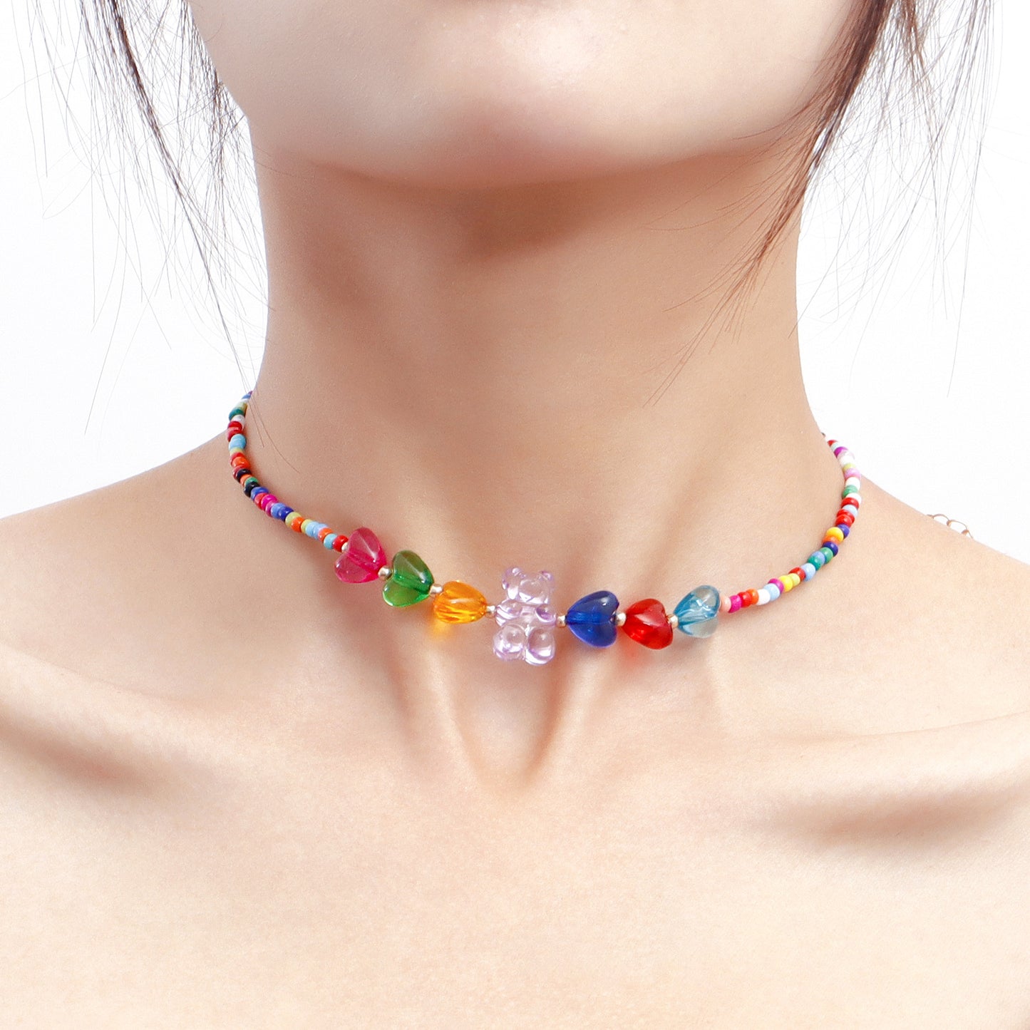 Bohemian Style Colorful Beaded Heart and Bear Pendant Necklace Set for Women with Alloy Material and Plated Finish
