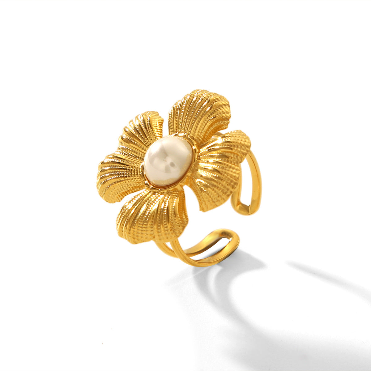 Anello da donna in acciaio inossidabile placcato oro 18K, stile vintage francese con fiore e perla