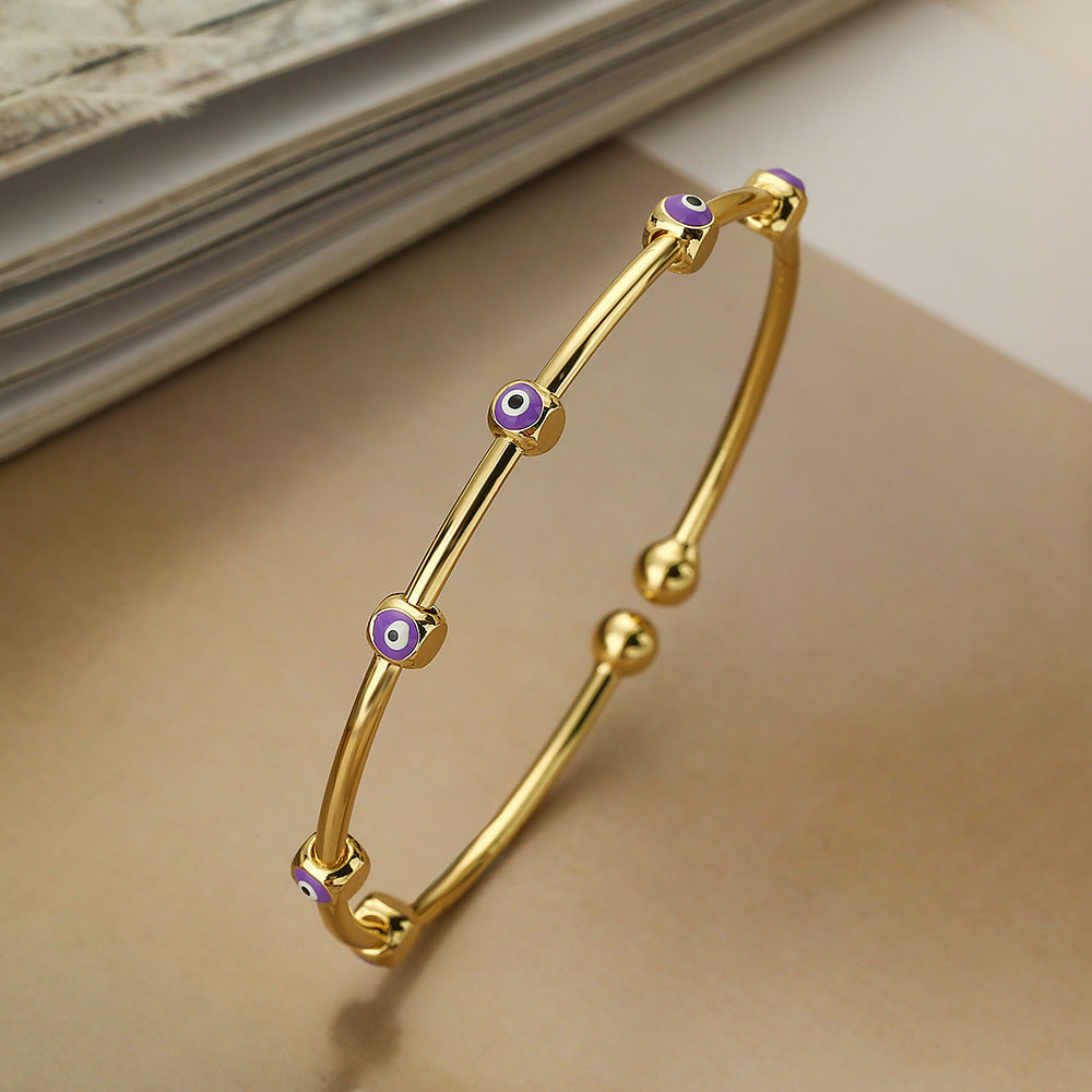 Gold Plated Brass Drip Oil Evil Eye Adjustable Cuff Bracelet for Women