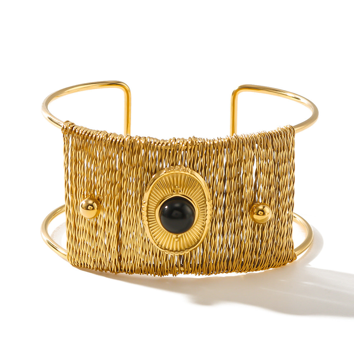 Minimalist Wide Cuff Bracelet in Titanium Steel with 18K Gold Plating and Natural Stone Inlay for Women