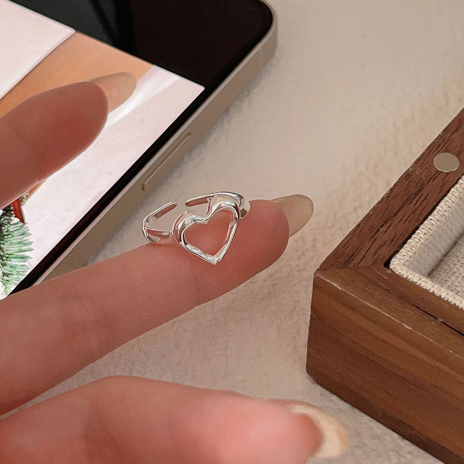 Minimalist Heart-Shaped 925 Sterling Silver Ring with Beveled Square Detail for Women
