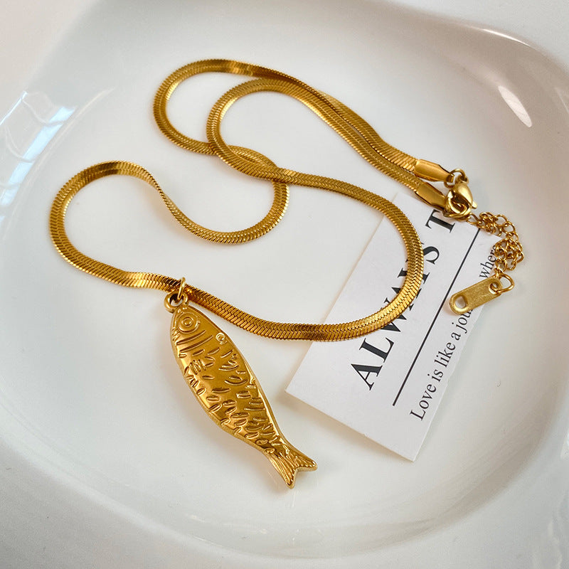 Vintage Fish Titanium Steel Plated Necklace with Snake Chain