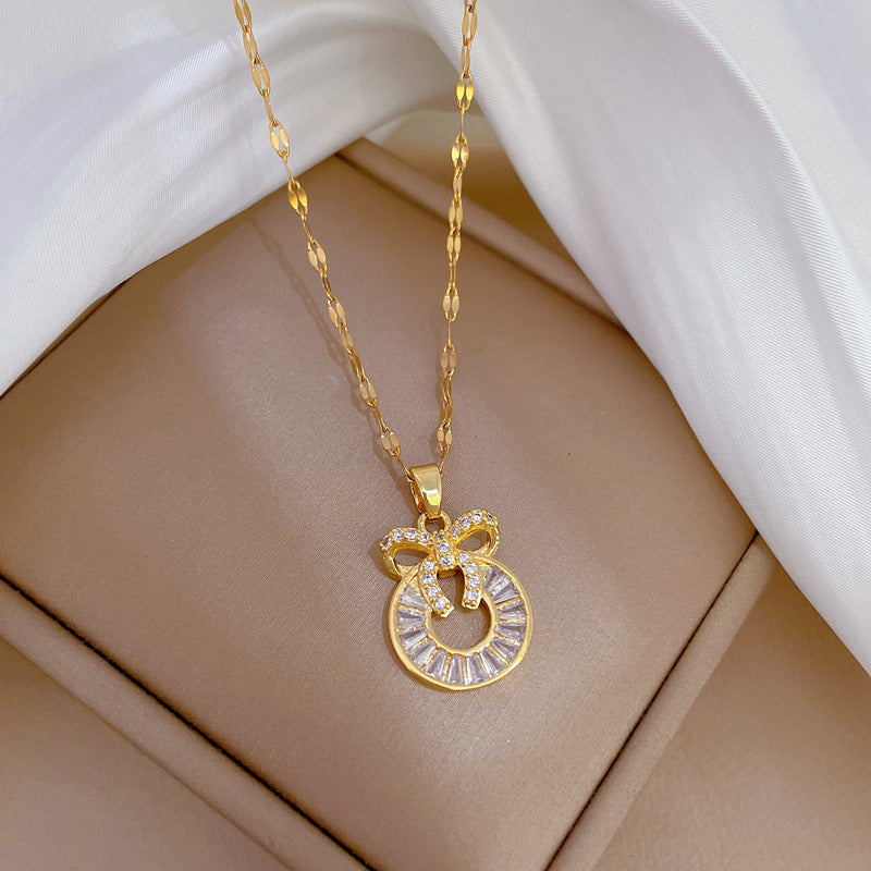Sweet Geometric Butterfly Rhinestone Inlay Titanium Steel Necklace with Brass Pendant