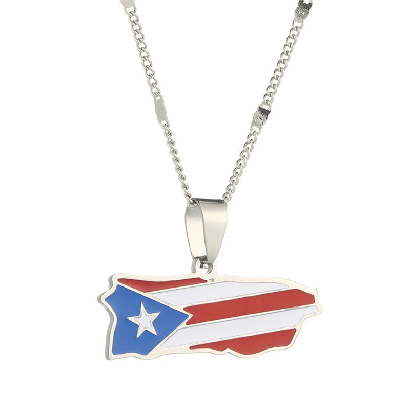 Minimalist Geometric Puerto Rico Map Pendant Necklace for Men and Women in Stainless Steel with Enamel Finish