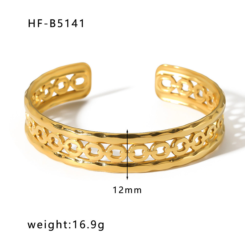 Adjustable Open Bangle Bracelet for Women in Stainless Steel with 18K Gold Plating, Hollow-Out Design, Textured Chain and Irregular Woven Pattern