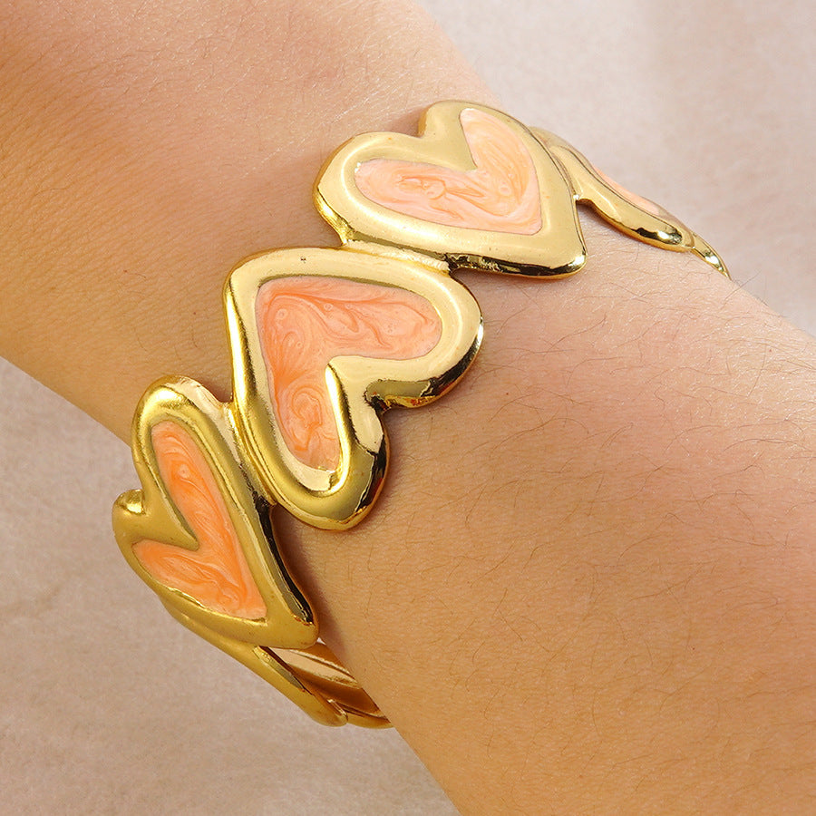 Sweet Heart Drip Oil Enamel Stainless Steel Open Cuff Bracelet