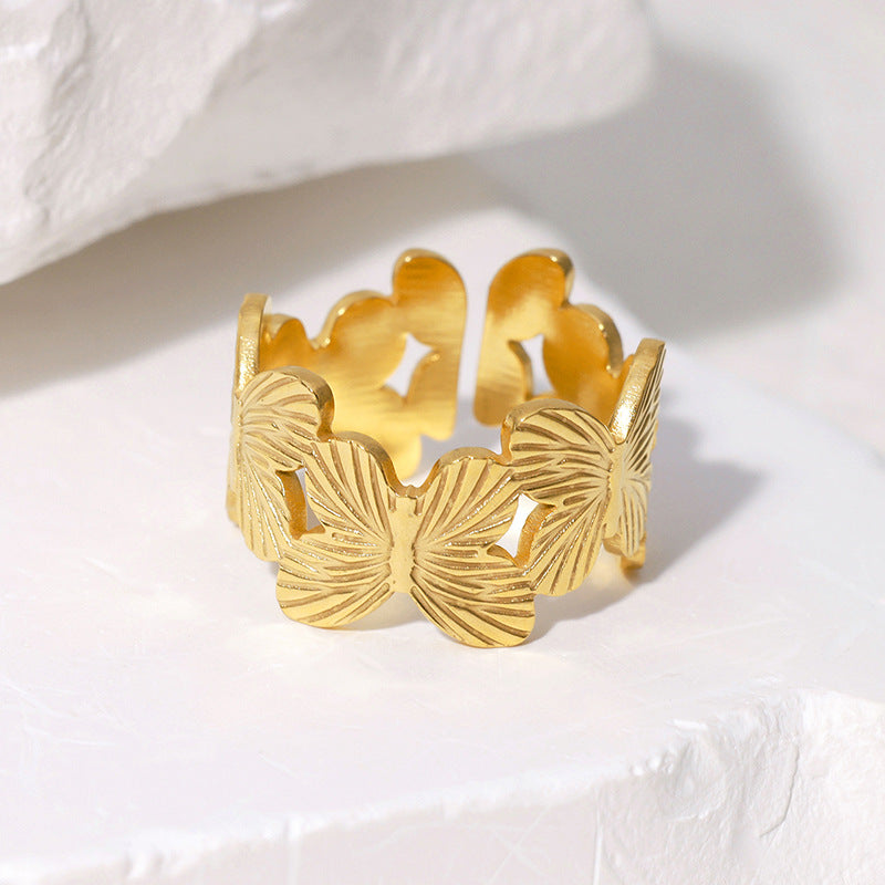 Anello Aperto Regolabile Minimalista a Forma di Farfalla in Acciaio Inox da Donna con Finitura Placcata