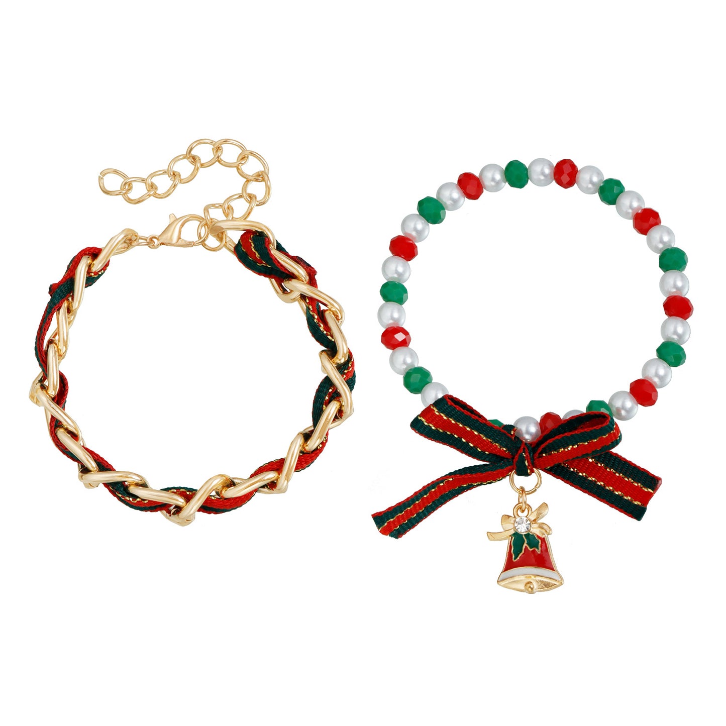 Pulsera de Cuentas de Arcilla Polimérica Colorida y Creativa para Mujer con Forma Geométrica, Acabado Chapado y Acentos de Campana Navideña