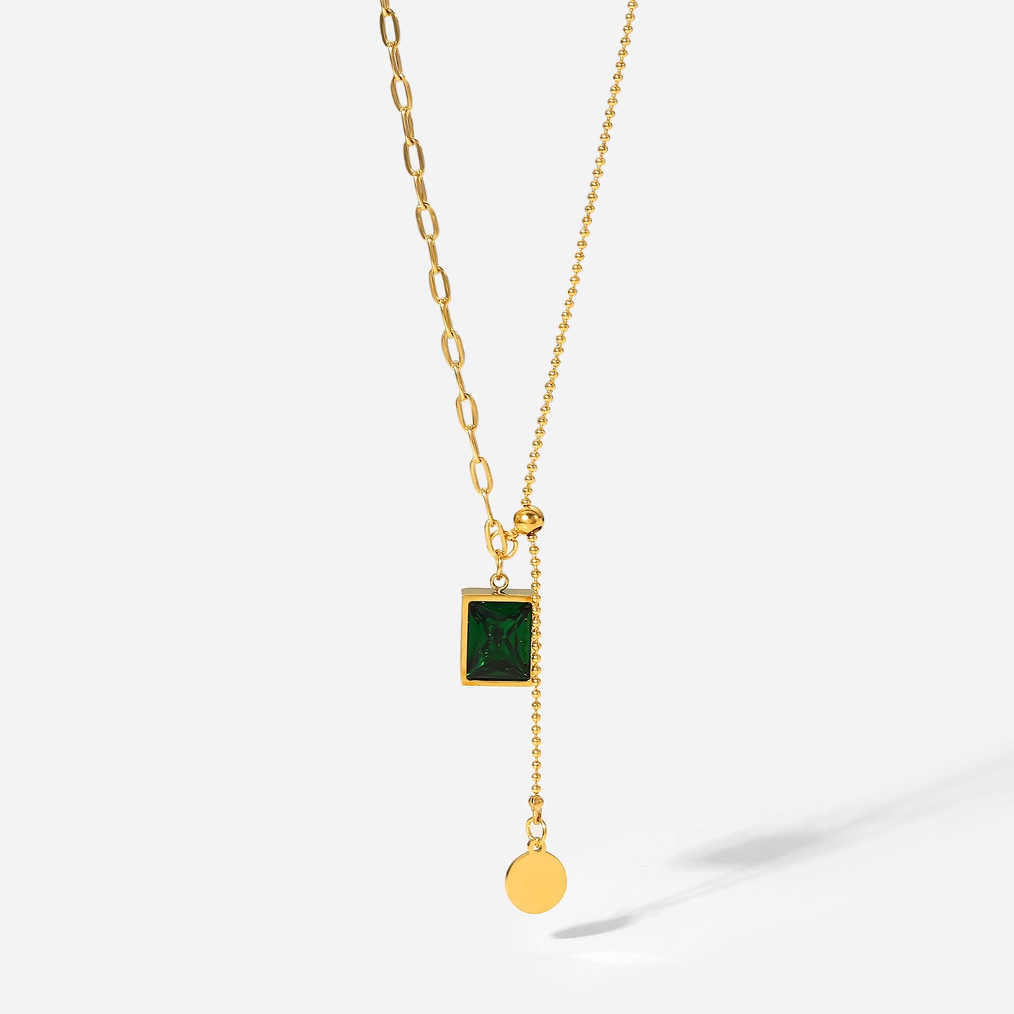 Vintage Emerald Green Geometric Pendant Necklace for Women Adjustable Titanium Steel Snake Chain Minimalist Cold Tone Collar Necklace Summer New