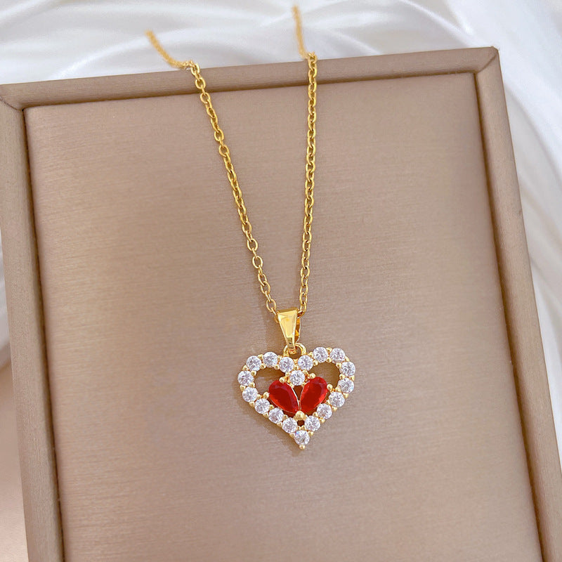 Sweet Minimalist Red Heart Geometric Rhinestone Brass Pendant Titanium Steel Necklace for Women and Men