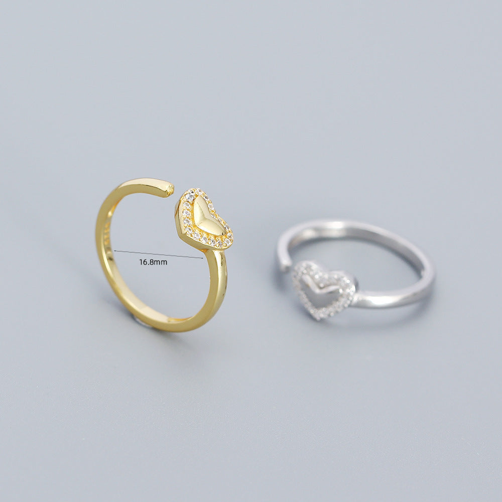 Sweet Heart-Shaped S925 Sterling Silver Adjustable Ring with Rhinestone Inlay for Women