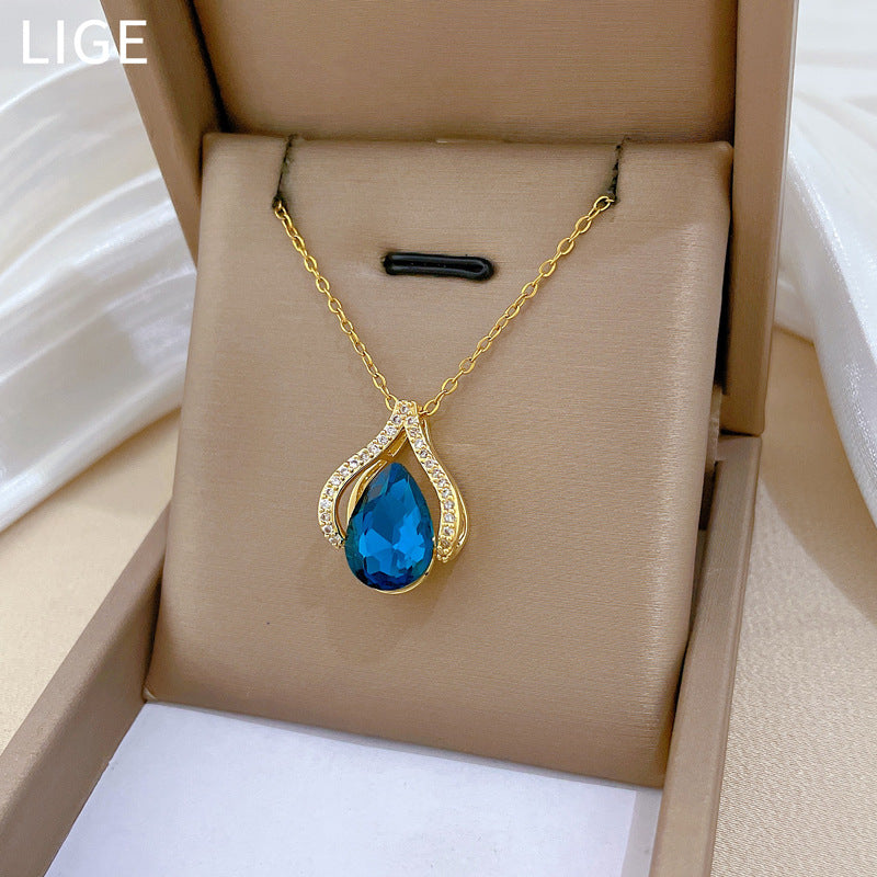 Minimalist Waterdrop-Shaped Titanium Steel Necklace for Women with Rhinestone Inlay and Delicate Chain