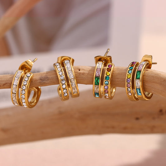 Orecchini a clip geometrici in acciaio inossidabile d'ispirazione vintage placcati oro 18 carati con zirconia cubica da donna