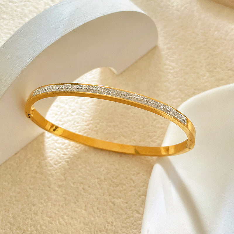 Minimalist Titanium Steel Plated Bracelet with Double Row Rhinestones and Starry Pattern