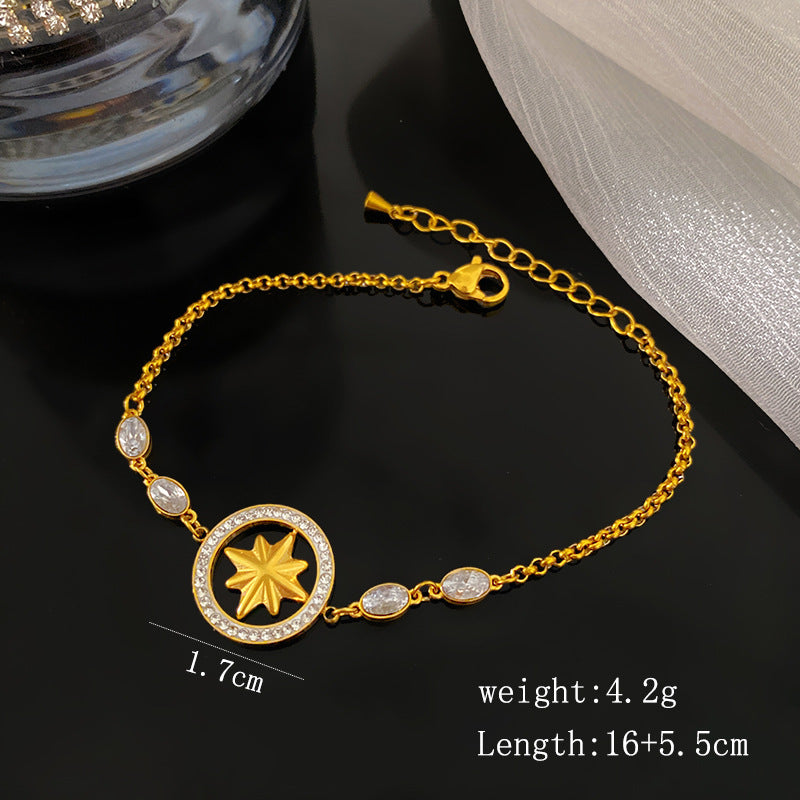 Minimalist Elegant Hollow Round Eight-Pointed Star Rhinestone Inlay Titanium Steel Bracelet for Women