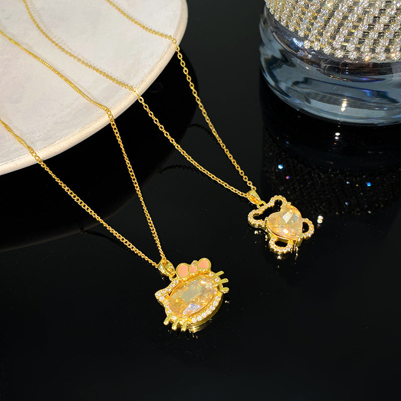 Sweet Heart Animal Rhinestone Plated Titanium Steel Necklace with Brass Pendant Cable Chain