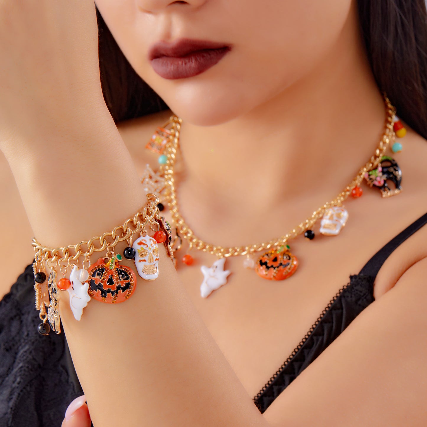 Bracciale in lega a tema Halloween con design zucca fantasma ragno elettrolitico da donna