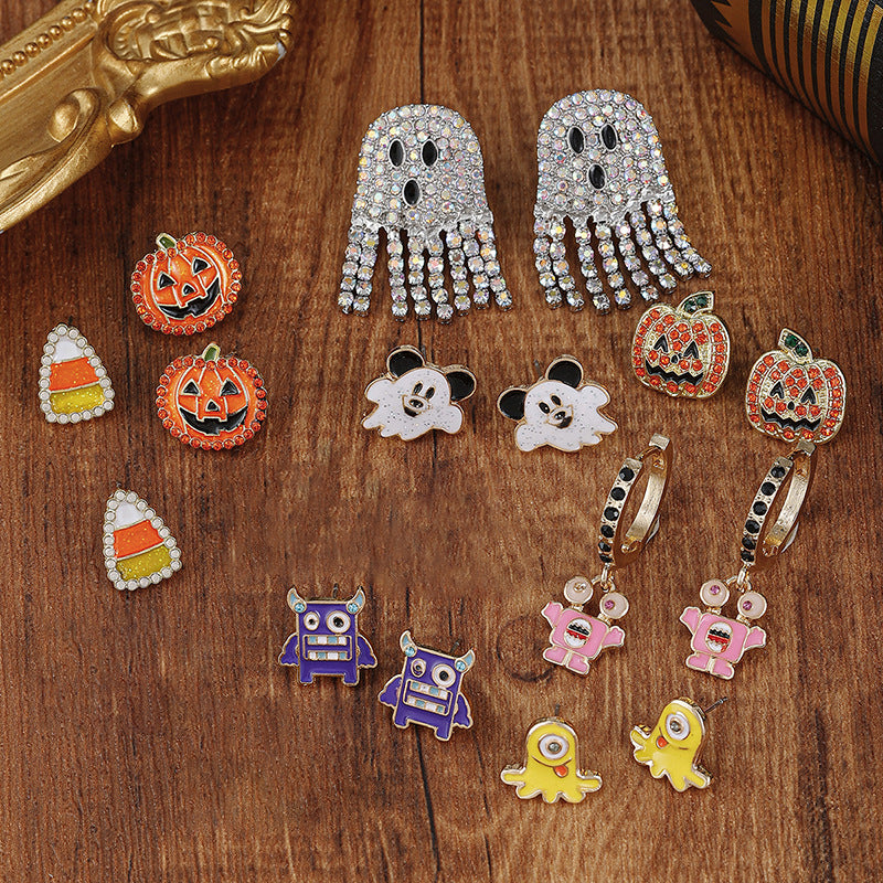 Orecchini Eleganti a Mostro Cartone Animato con Finitura Smaltata e Strass per Donna, Design Zucca di Halloween e Maschera da Strega