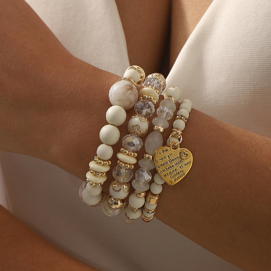 Bohemian Style Heart-Shaped Alloy Beaded Stretch Bracelet with Plated Finish
