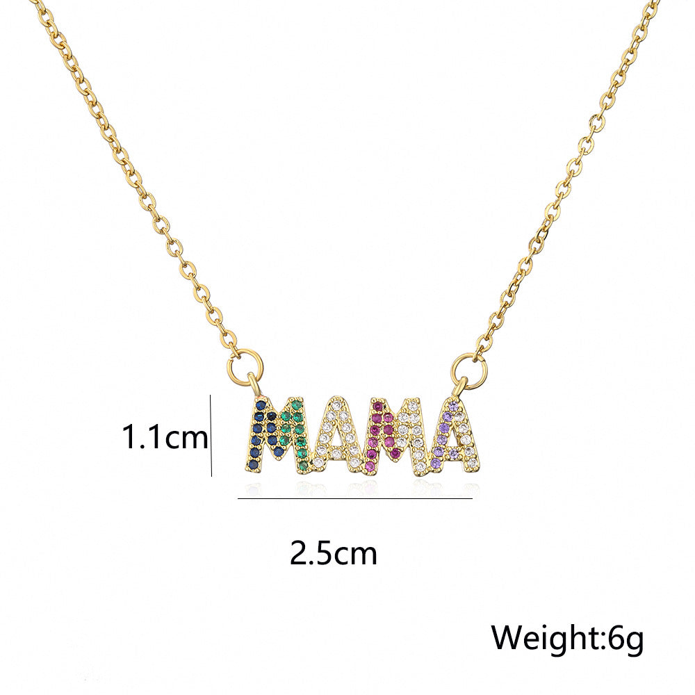 European Style Geometric MAMA Pendant Necklace 18K Gold Plated Copper with Cubic Zirconia for Women