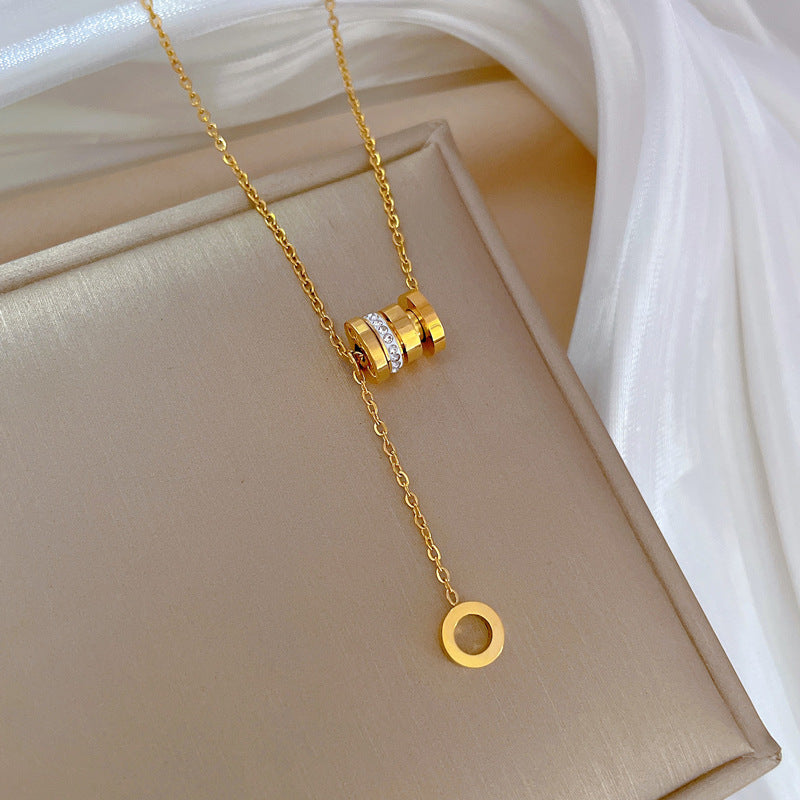 Minimalist Titanium Steel Geometric Pendant Necklace for Women Short Clavicle Chain with Rhinestone Inlay Fashion Office Wear