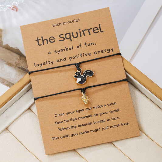 Cute Squirrel and Pinecone Pendant Braided Friendship Bracelet for Women and Men, Alloy Handmade Fashion Bracelet