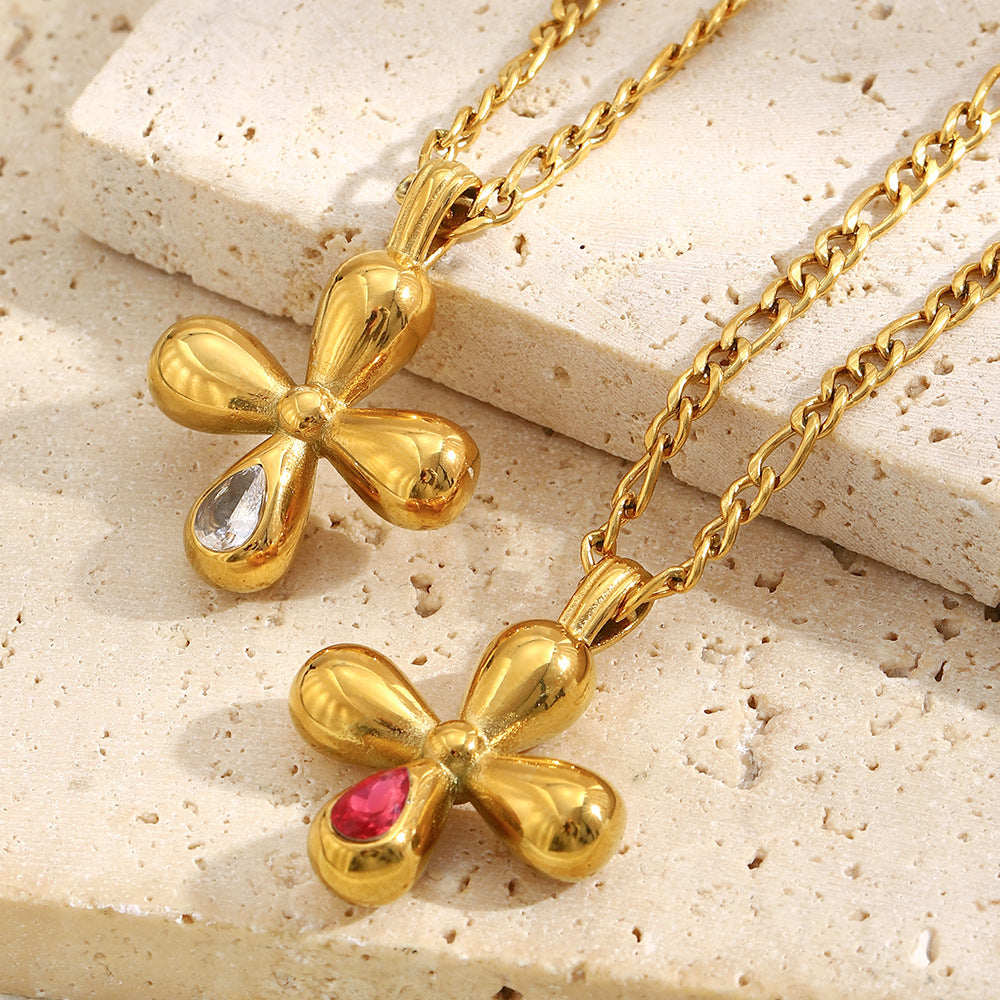 Luxury Vintage Cross Pendant Necklace for Women Stainless Steel with 18K Gold Plating and Red Zircon Inlay