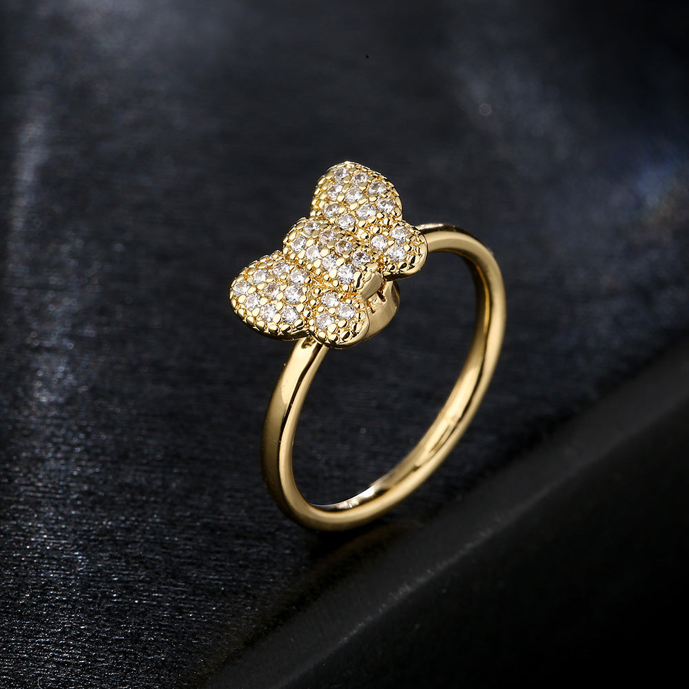 Ins Style Rotatable Butterfly and Floral Shaped Ring in Copper with 18K Gold Plating and Micro-Pavé Zirconia for Women