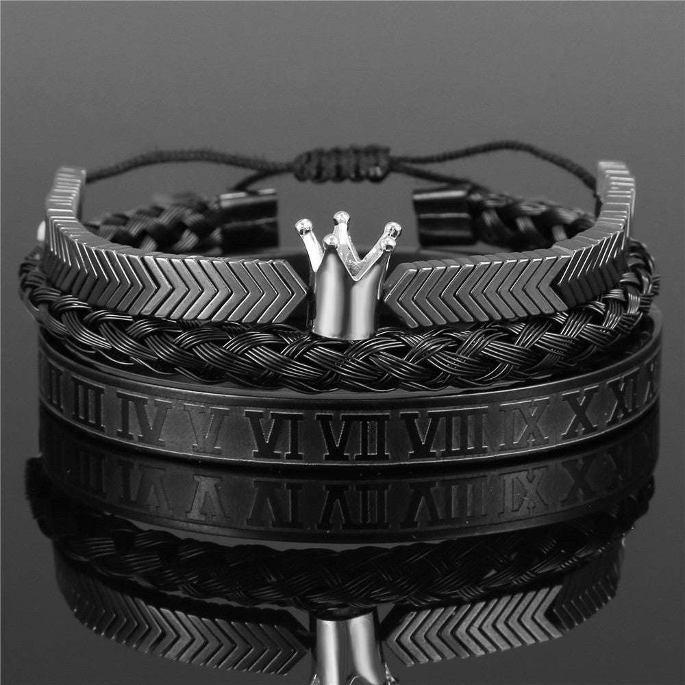Vintage Crown Geometric Micro-inlay Stainless Steel Mesh Open Cuff Bracelet Set for Unisex