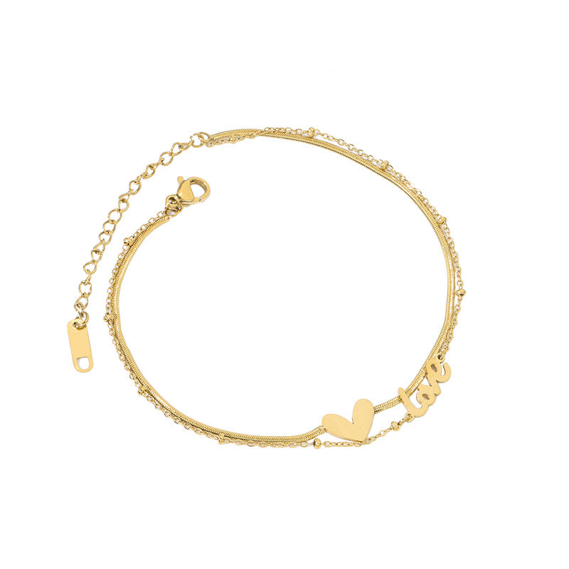 Tobillera de Monedas Minimalista de Doble Capa para Mujer en Acero de Titanio con Chapado en Oro de 18K, Diseño en Forma de Corazón