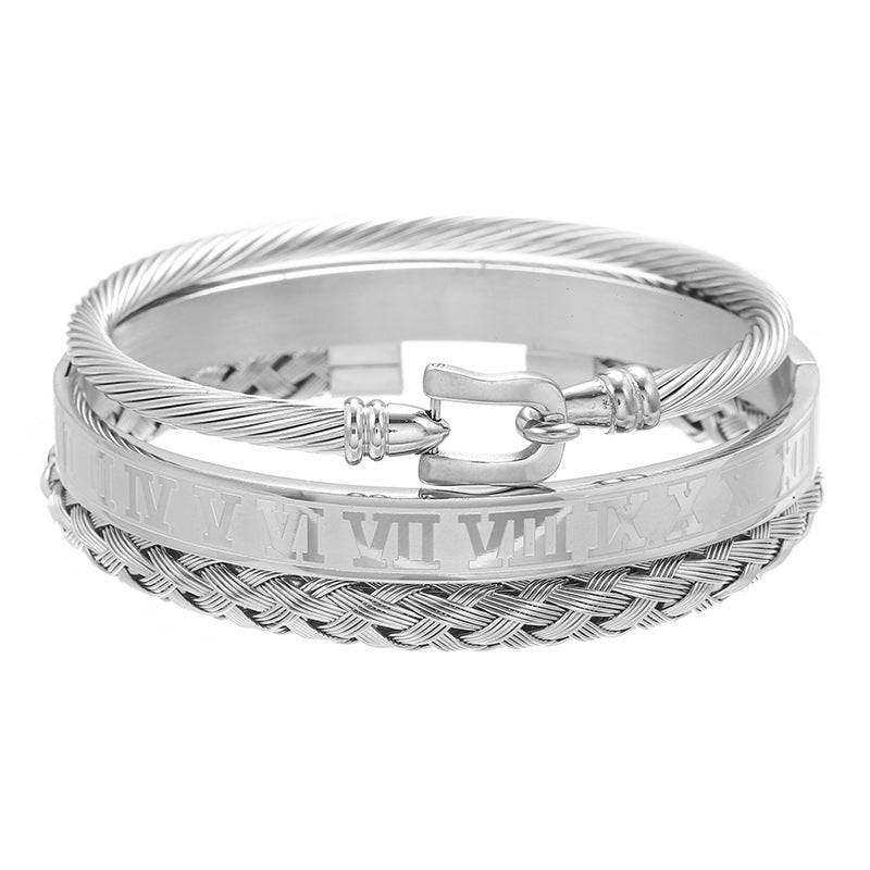 Vintage Men's Roman Numeral Geometric Cylinder Square Woven Titanium Steel Stainless Steel Bracelet Set