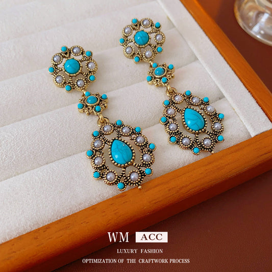 Vintage Floral Drop-Shaped Alloy Earrings with Plated Silver Posts and Artificial Stone Accents for Women