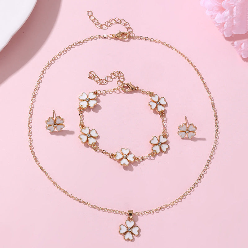 Minimalist Bowknot Resin Necklace Set for Girls with Matching Bracelet and Stud Earrings Featuring Enamel Finish