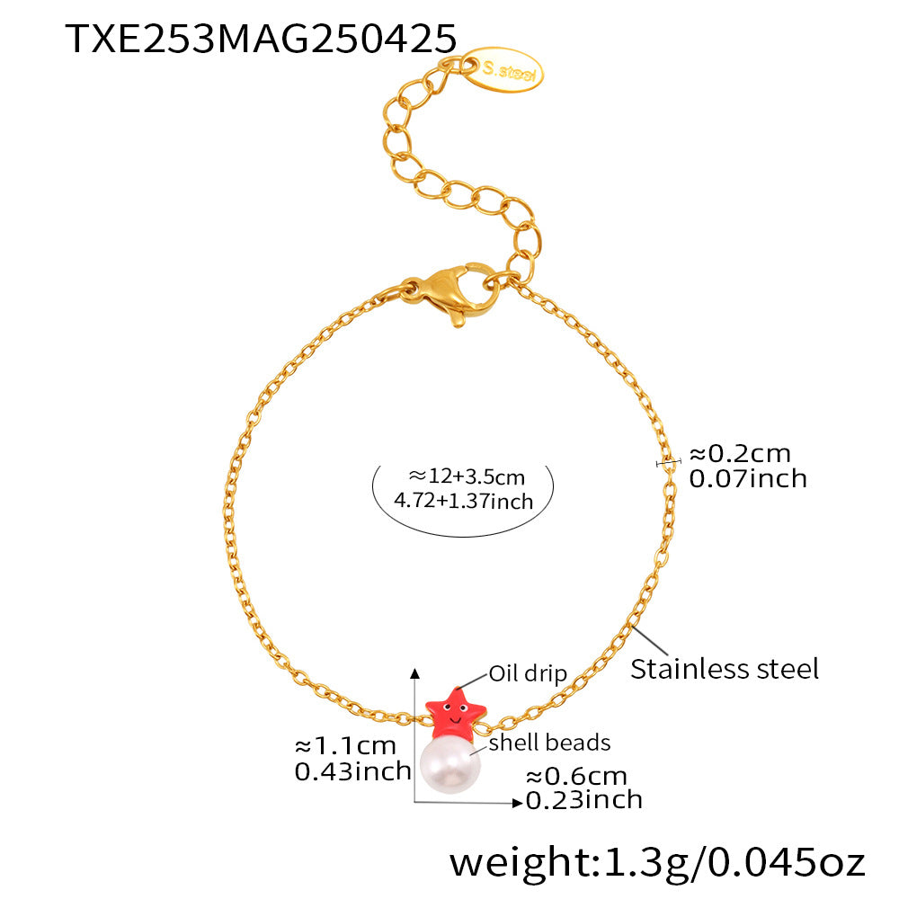 Conjunto de collar, pulsera, pendientes y anillo de perlas de estrella de mar a la moda para mujer, colgante de acero inoxidable con acabado chapado