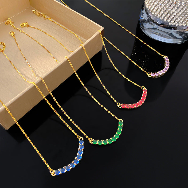 Minimalist Titanium Steel Plated Cubic Zirconia Inlay Geometric Smile Necklace for Unisex