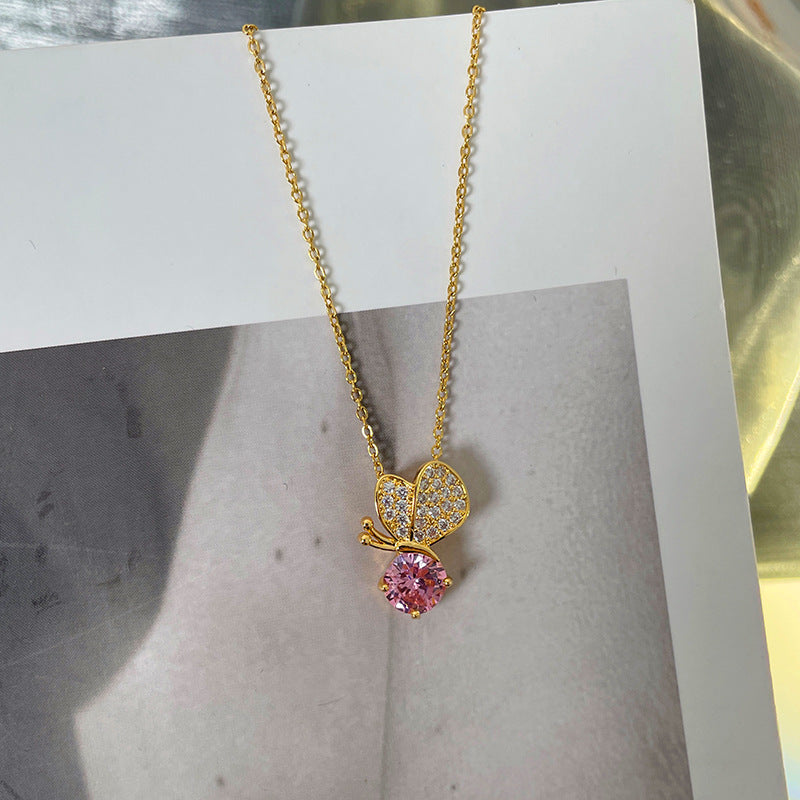 Cute Butterfly Pendant Necklace for Women in Titanium Steel with Rhinestone Inlay and O-Chain