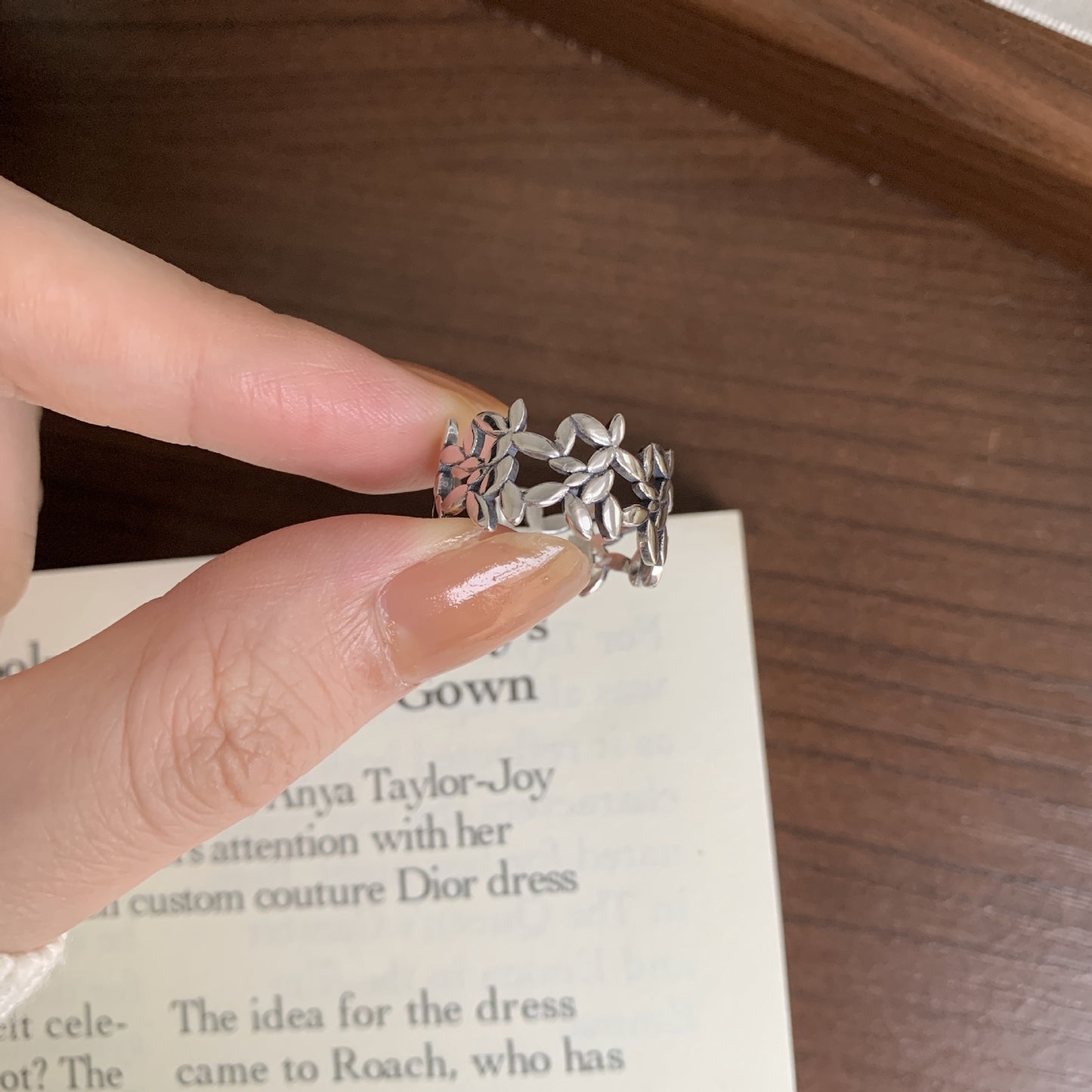 S925 Sterling Silver Leaf Ring Floral Vintage Minimalist Retro Open Band Ring for Women