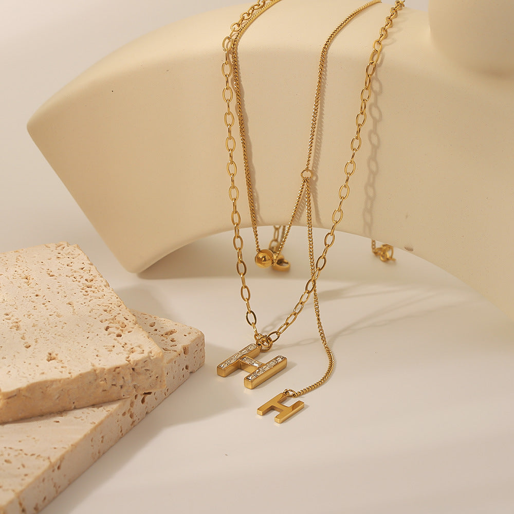 Minimalist Letter H Pendant Necklace for Women Titanium Steel Double Layer Beaded Sweater Chain with Rhinestone Inlay and 18K Vacuum Plating