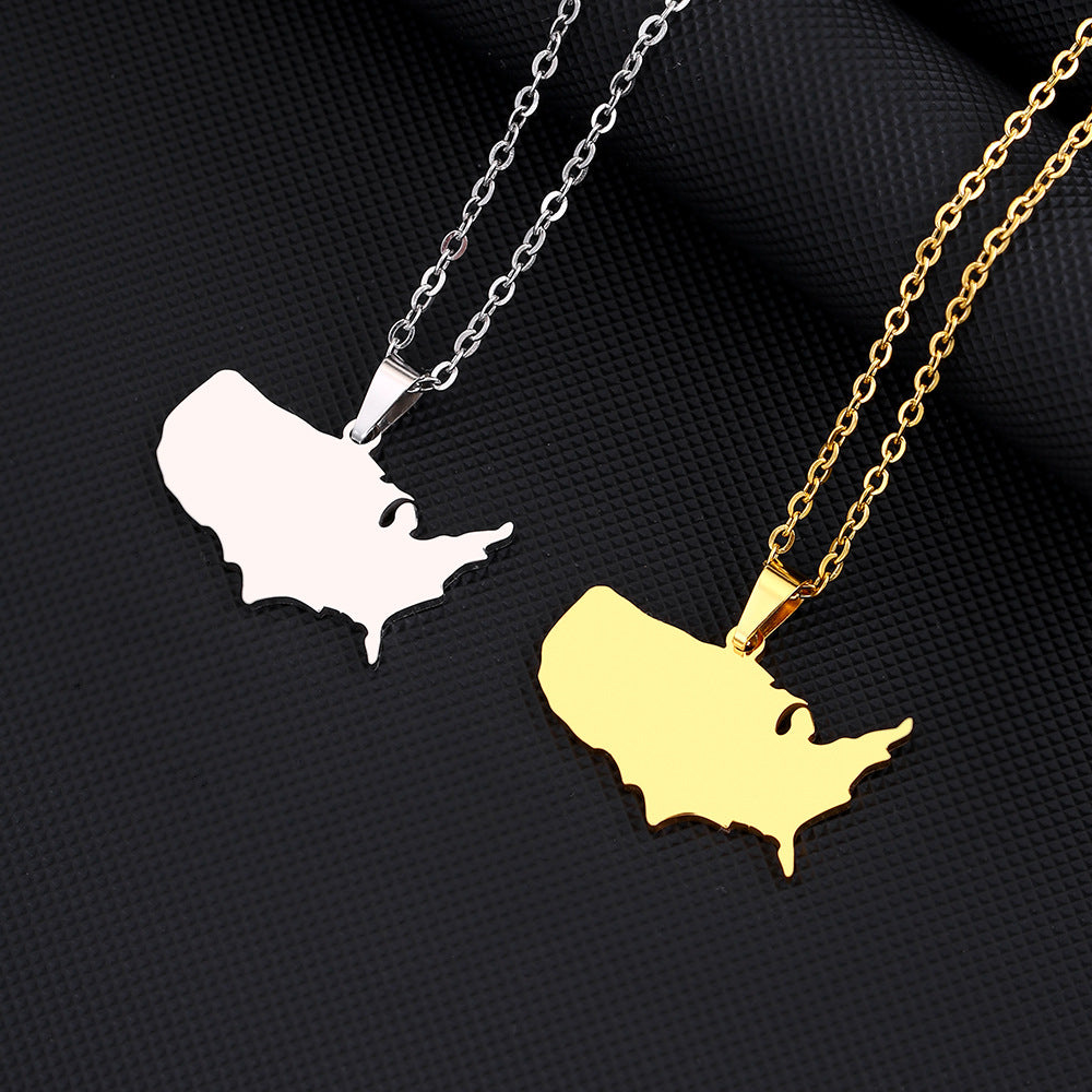 Geometric American Map Pendant Necklace in Stainless Steel with Titanium Steel Charm and Electroplated Finish for Unisex Fashion Wear
