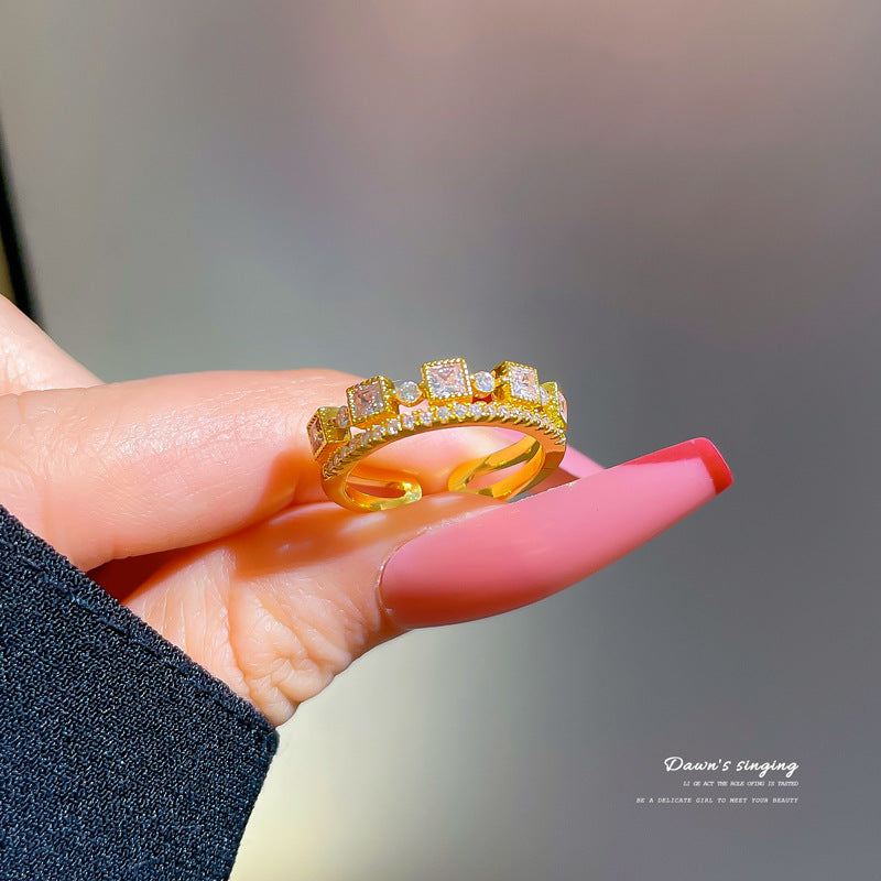 Minimalist Cold-Tone Adjustable Open Ring for Women with Crown Shape Brass Band and Zircon Inlay
