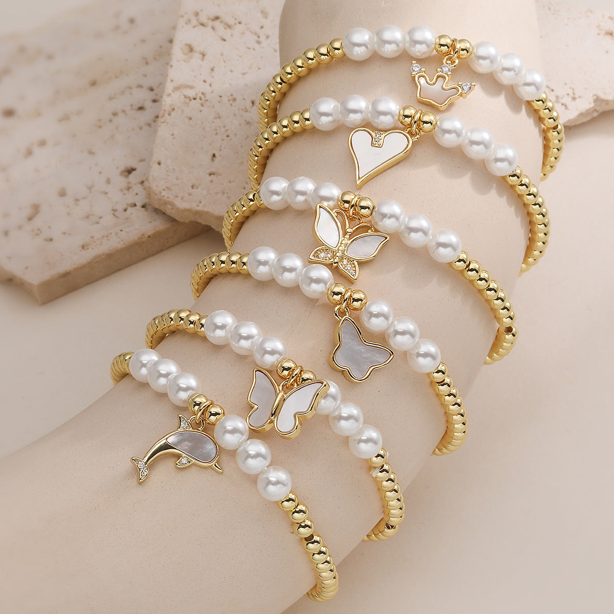 Elegant 18K Gold Plated Brass Butterfly Heart Geometric Pendant with Cubic Zirconia and Pearl Bracelet for Women