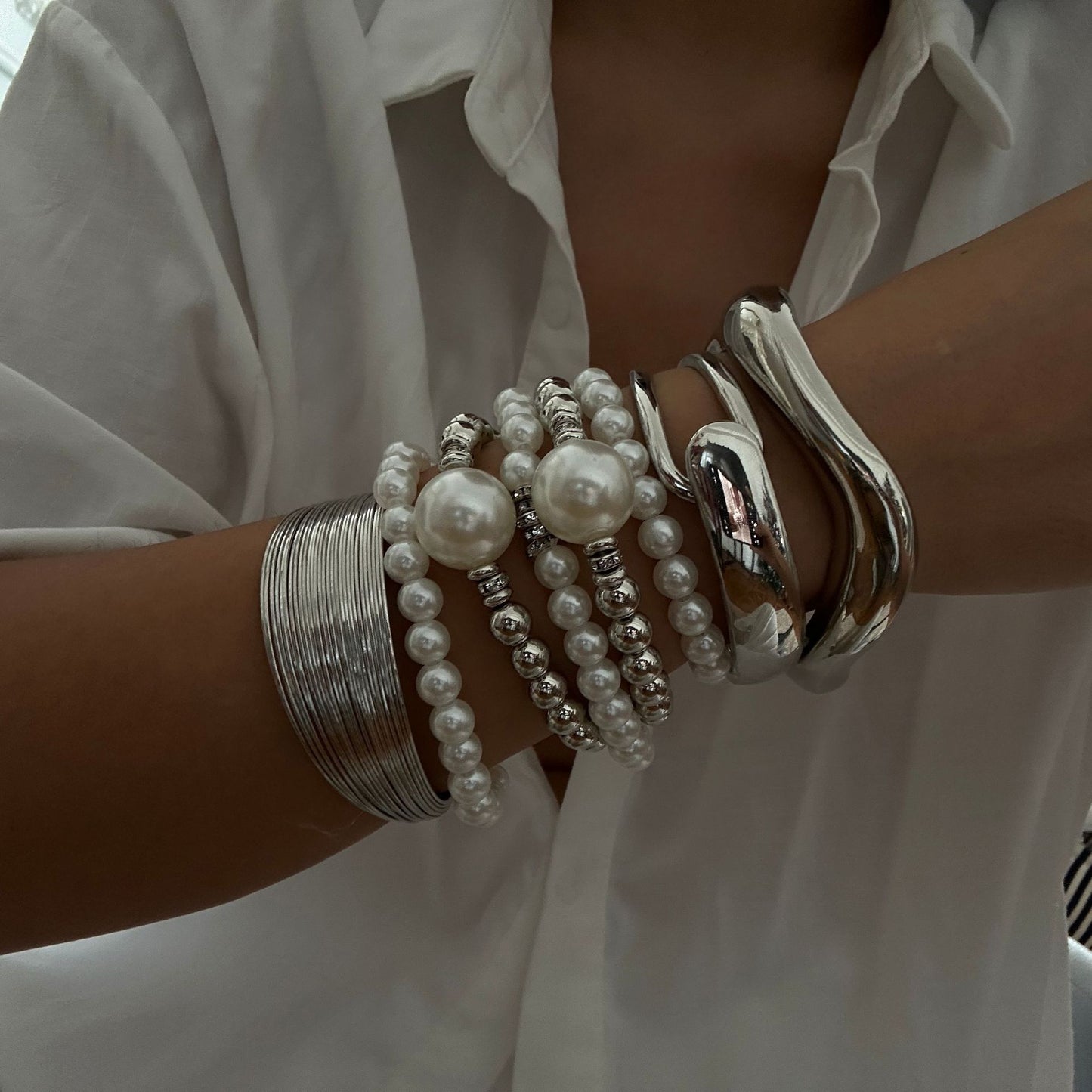 Bold Geometric Round Faux Pearl Plated Rhinestone Multi-Layer Open Cuff Bracelet for Women