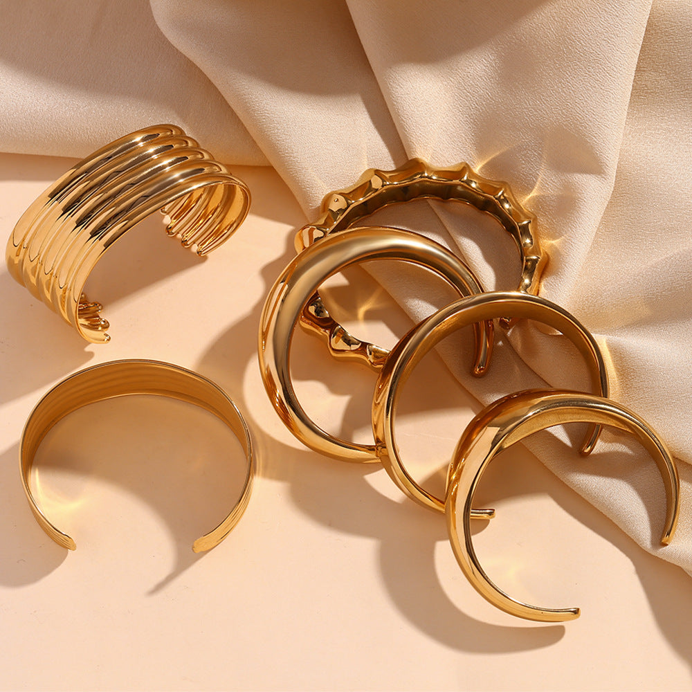 Minimalist Geometric Stainless Steel Plated 18K Gold Bamboo-Shaped Open Bangle Bracelet for Women