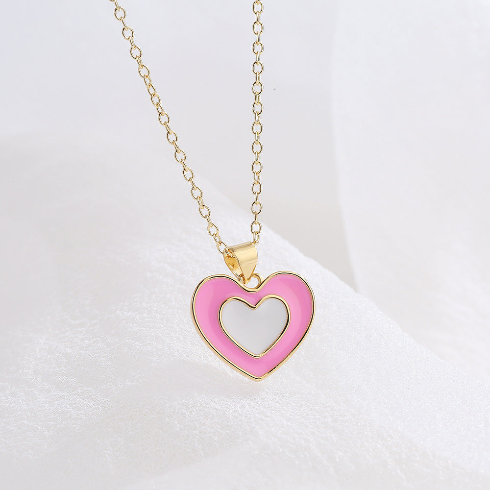 Minimalist Clavicle Necklace with Enamel-Coated Heart Pendant in Copper Base with 18K Gold Plating