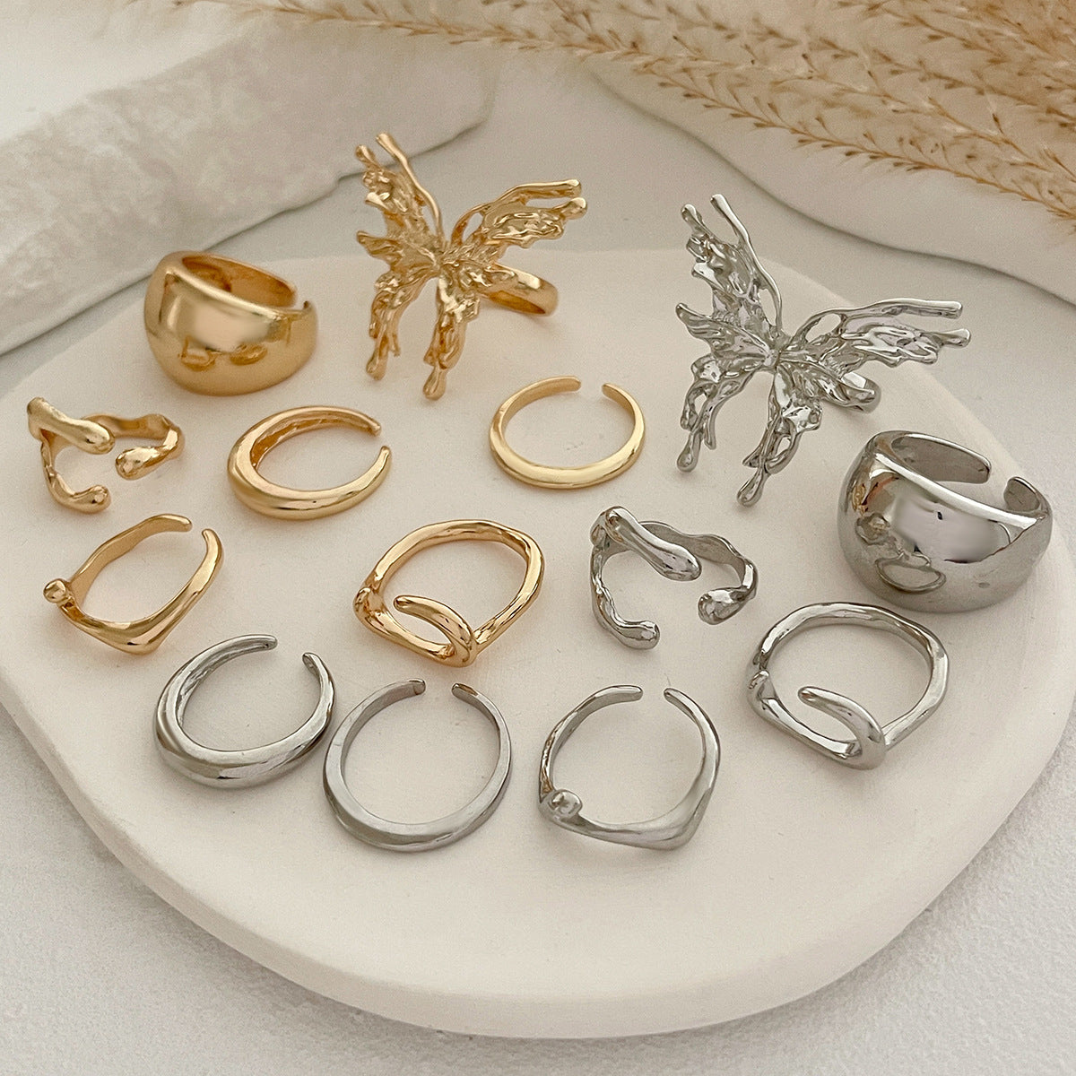 Minimalist Geometric Butterfly Plated Zinc Alloy Ring Set for Women