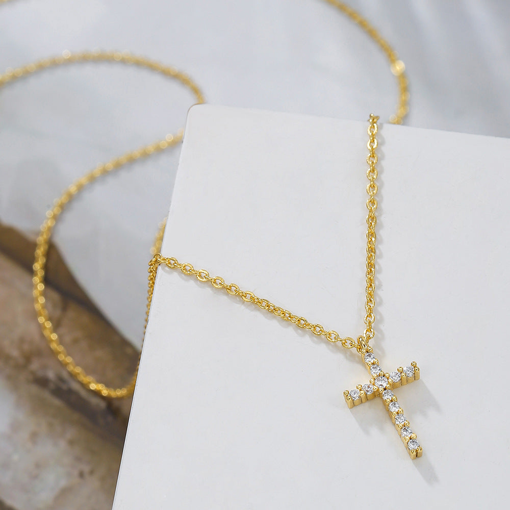 Classic Cross Pendant Necklace for Women in Copper with Zircon Inlay and Gold Plating on O-Chain